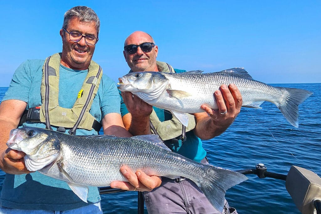 Les clients du guide de pêche avec leurs gros bars aux leurres souples